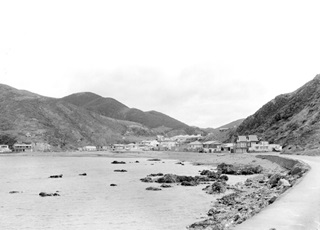 An old black and white image of Owhiro Bay from 1975, looking right alongside the hill, road and sea wall towards the cutting up to Brooklyn, and the ocean on the left.