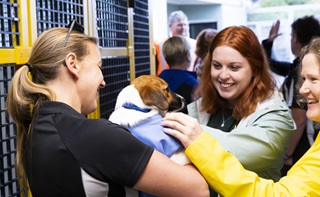  An Animal Control Officer holding a dog, with two women patting it, in an animal shelter with black and yellow cages.