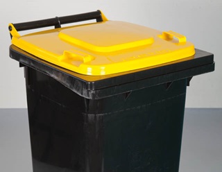 Black wheelie bin with closed yellow lid.