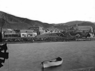 Intersection of Thorndon Quay and Mulgrave Street, Thorndon, Wellington, in 1866, photographed by William Henry Whitmore Davis. 
